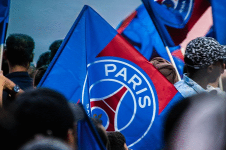 A PSG flag, whose players dominate the 2025 Ballon d’Or discussion