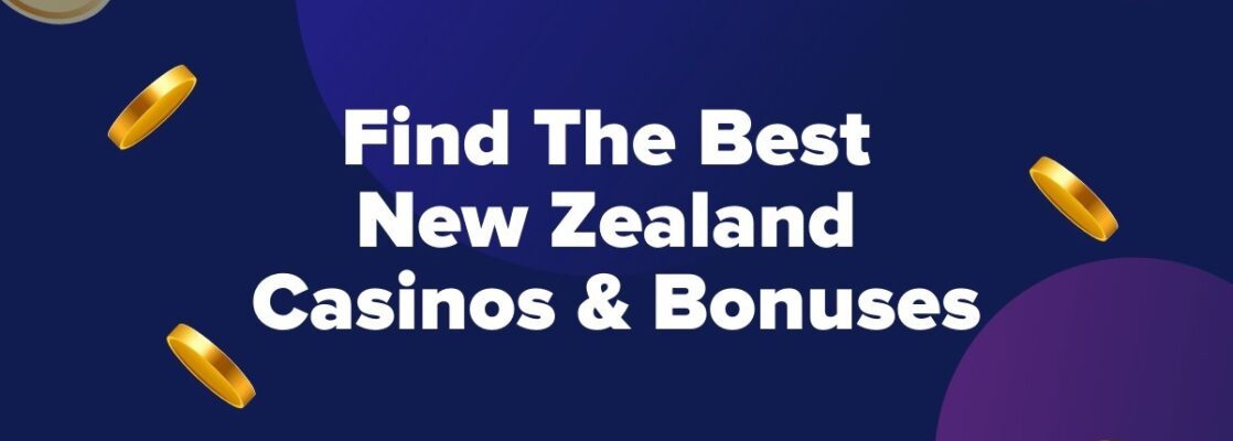 "Find the best NZ Casinos" text on blue background with a few spinning coins.